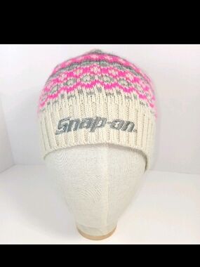 Snap-On Womens Cream & Pink Knit Beanie
